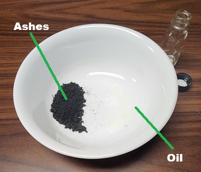 ash and oil in dish